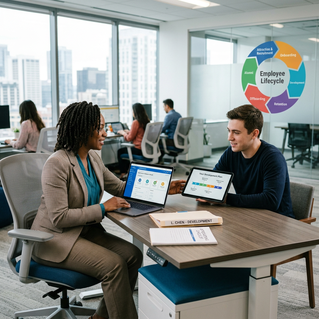 Two coworkers sit at a desk discussing a laptop and tablet with development plan and employee lifecycle graphics