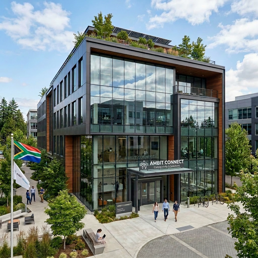 Four-story commercial office building with glass windows and rooftop garden