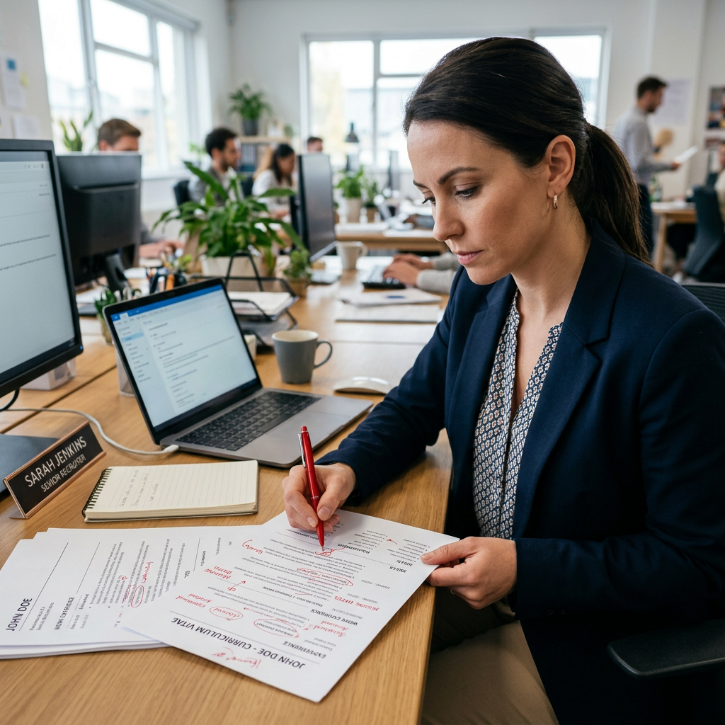Recruiter marking corrections on a candidate's resume at an office desk