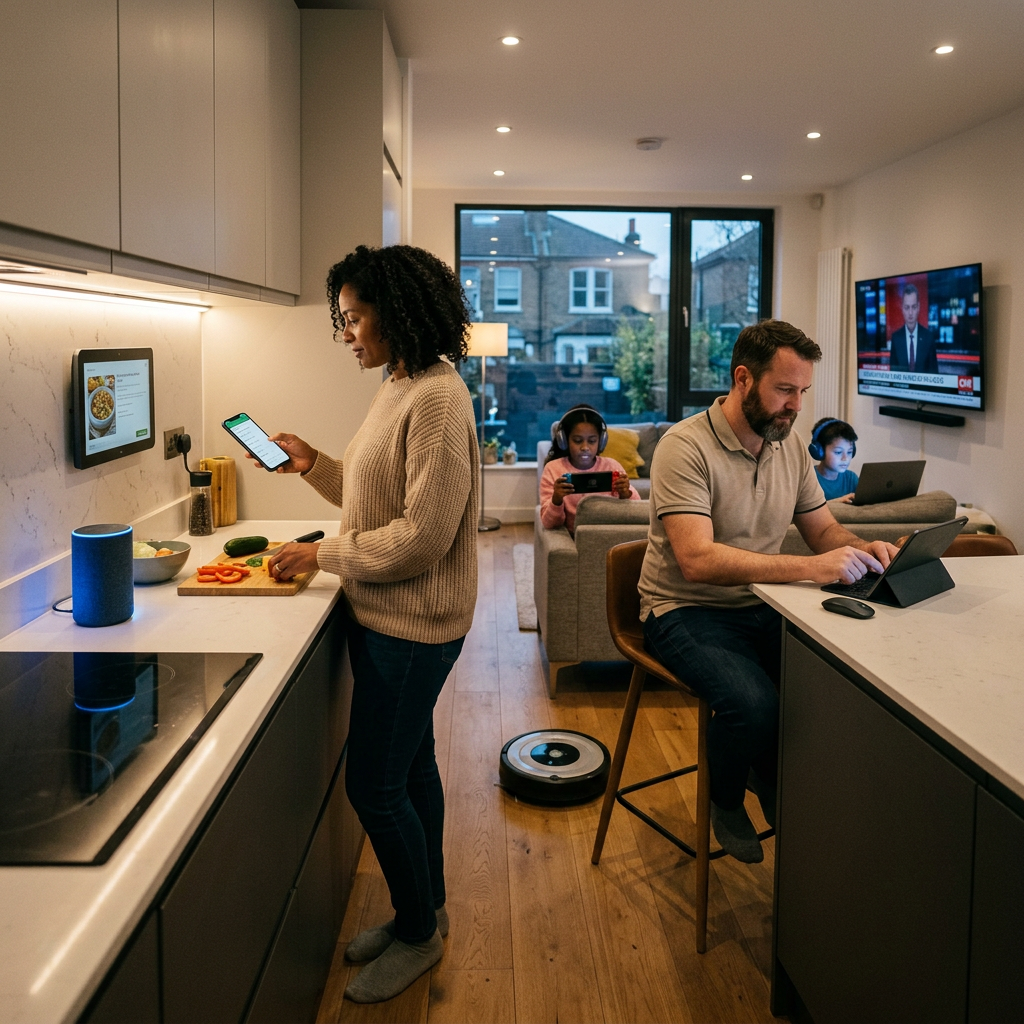 Woman chopping vegetables using a phone and tablet, man working on tablet, two children with headphones using handheld devices
